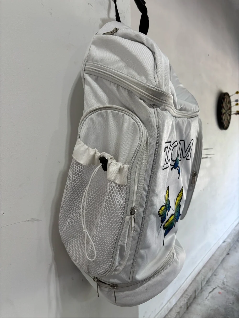 White 'ZOOM' Butterfly Backpack with Blue '13'